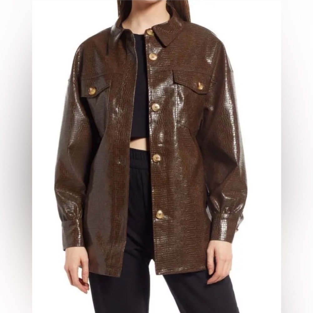 Open Edit Brown Croc-Embossed Leather Jacket
